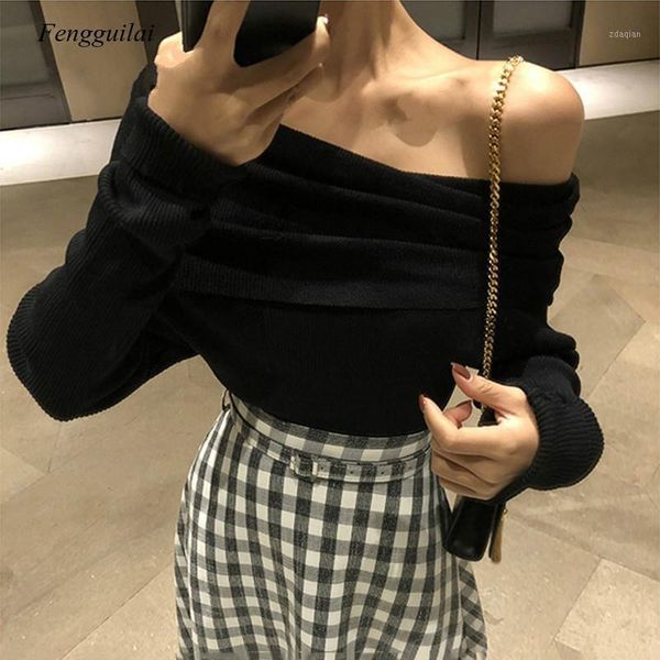 spring autumn off shoulder women sweaters elegant vintage knitted solid jumper high stretch women's, White;black